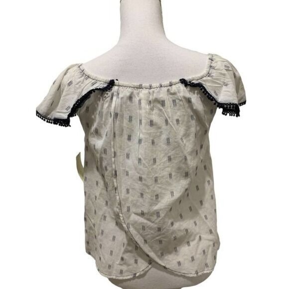 Lucky Brand Womens Top Off The Shoulder Crochet Trim White Navy Size Small NWT - Picture 11 of 12